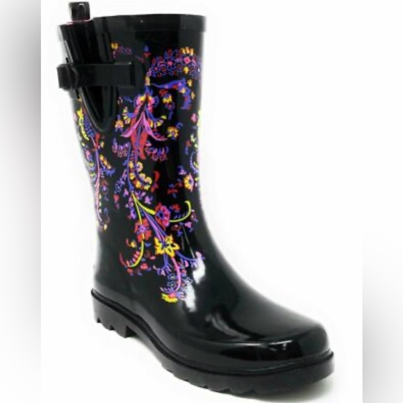 Forever Young Shoes - Forever Young Black Floral Rain Boots 8